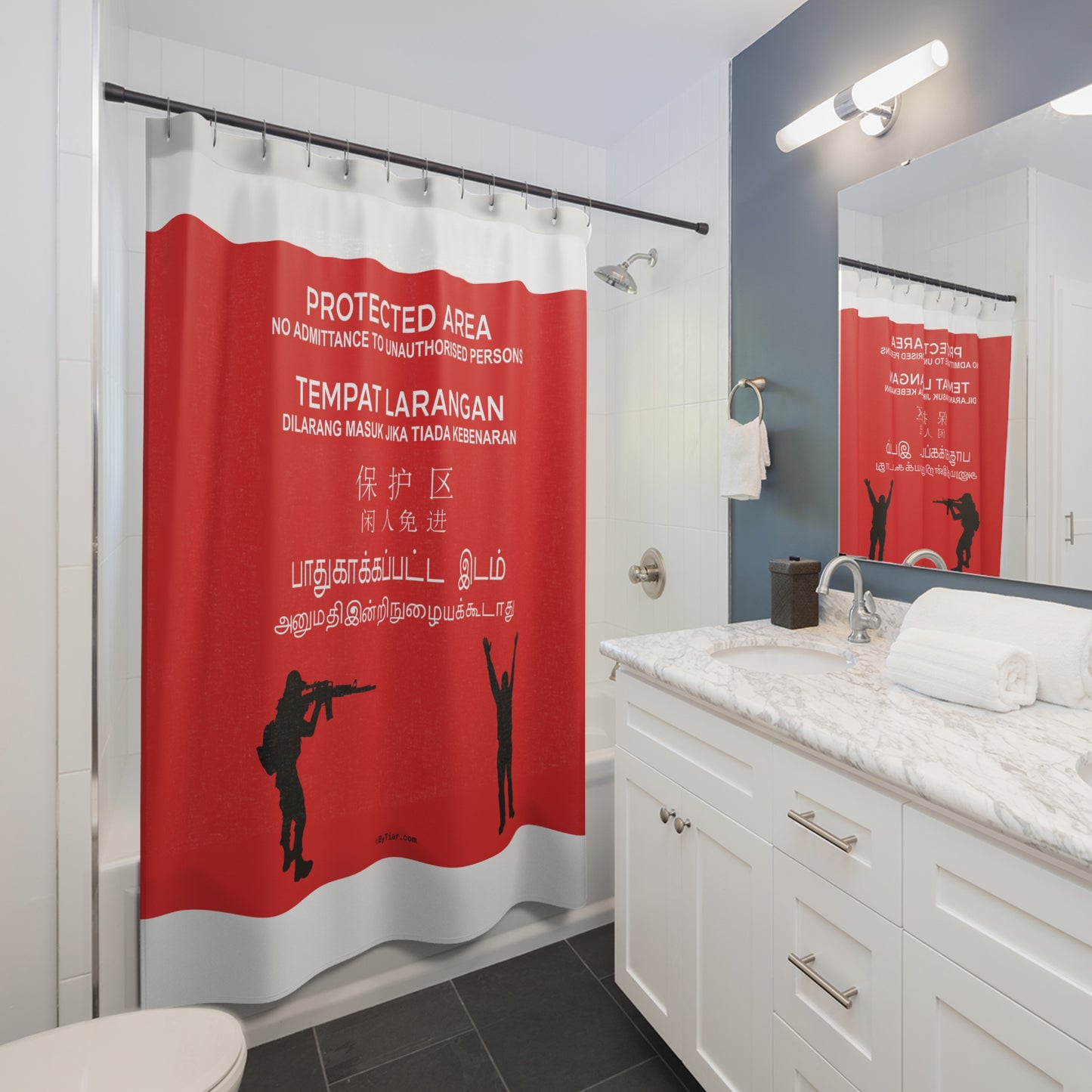 Transform your bathroom into a serene sanctuary with the ByTiar 'Protected Area' Unique Shower Curtain. Inspired by Singapore’s signage, this durable curtain offers global flair. Shop now