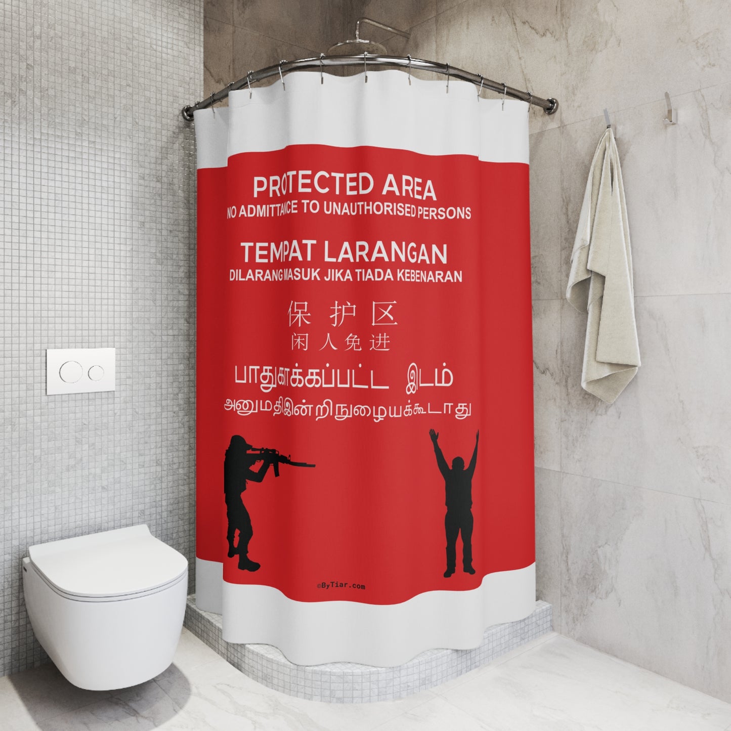 ByTiar 'Protected Area' Unique Shower Curtain - Internationally Inspired Bathroom Decor