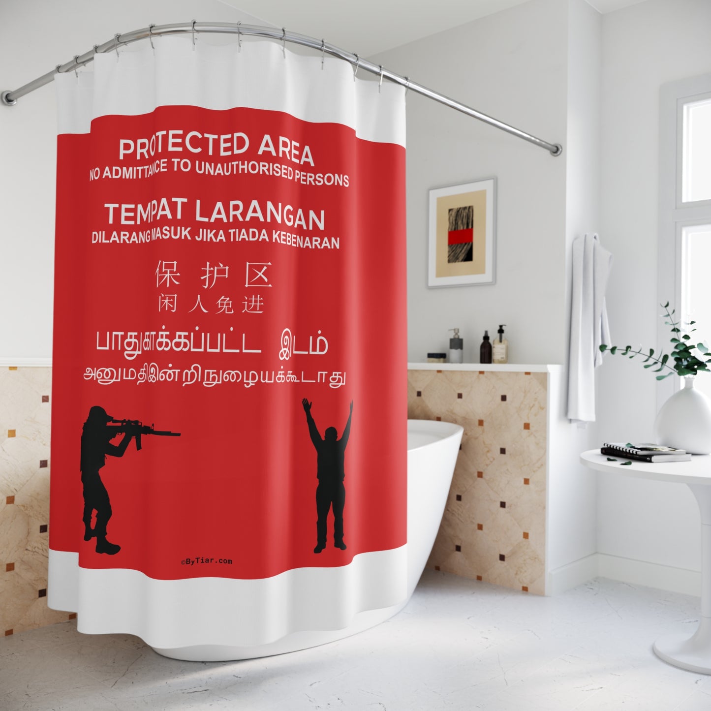 Transform your bathroom into a serene sanctuary with the ByTiar 'Protected Area' Unique Shower Curtain. Inspired by Singapore’s signage, this durable curtain offers global flair. Shop now